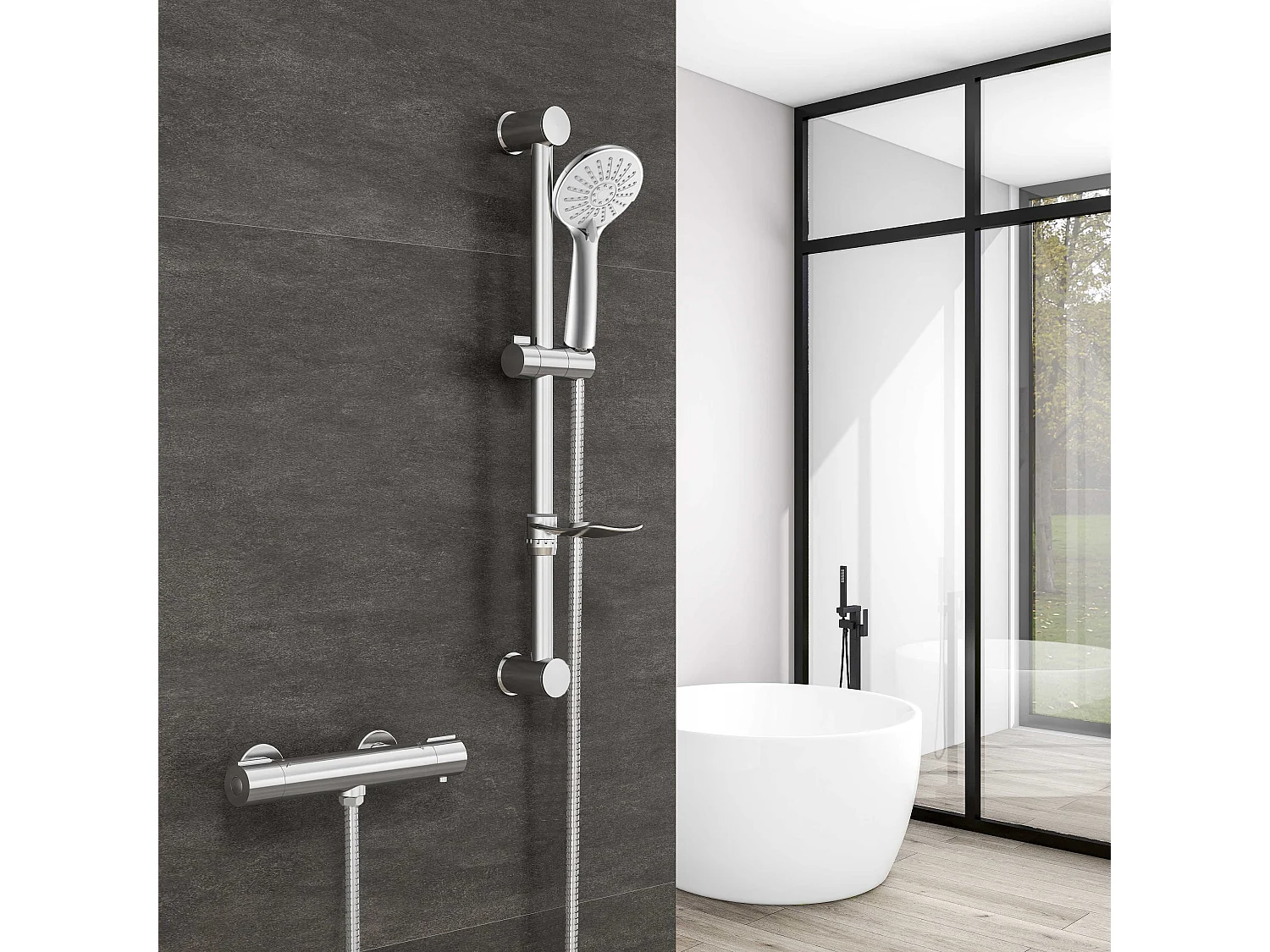 Columna de Ducha con Barra Cromado AICA con Ducha de Mano Redondo y Estante de Jabón