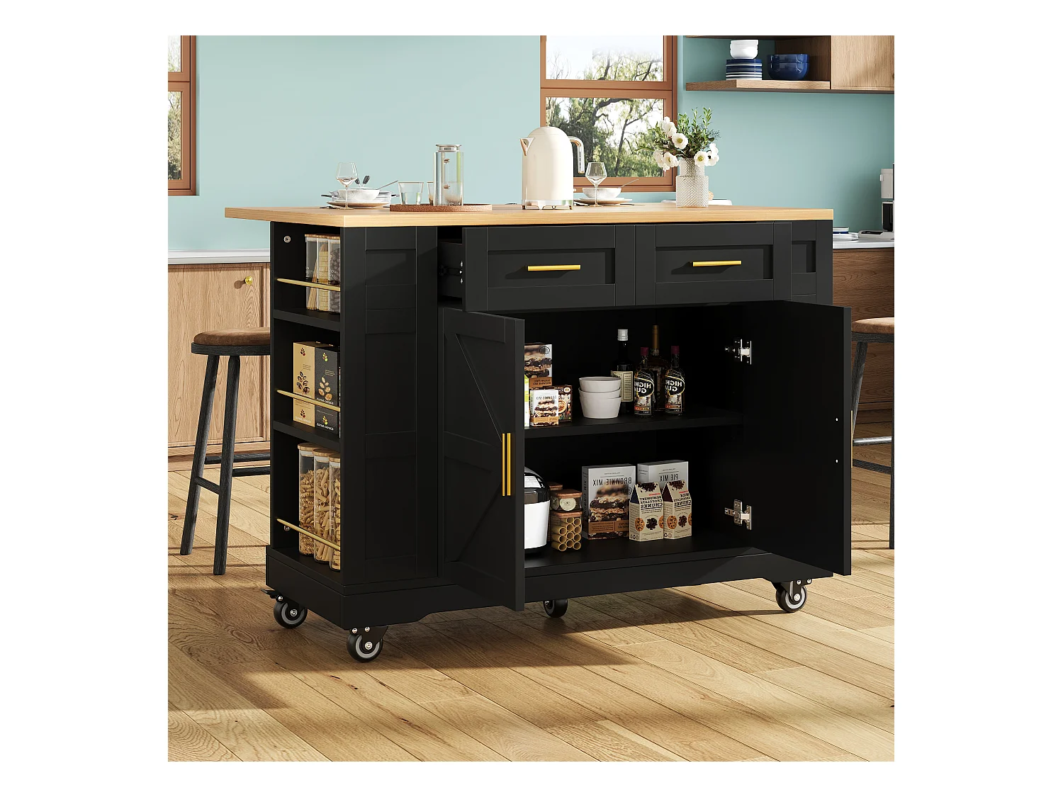 Desserte de cuisine 120x(40-65)x90 cm 2 portes et 2 tiroirs Îlot de cuisine avec plateau extensible - noir