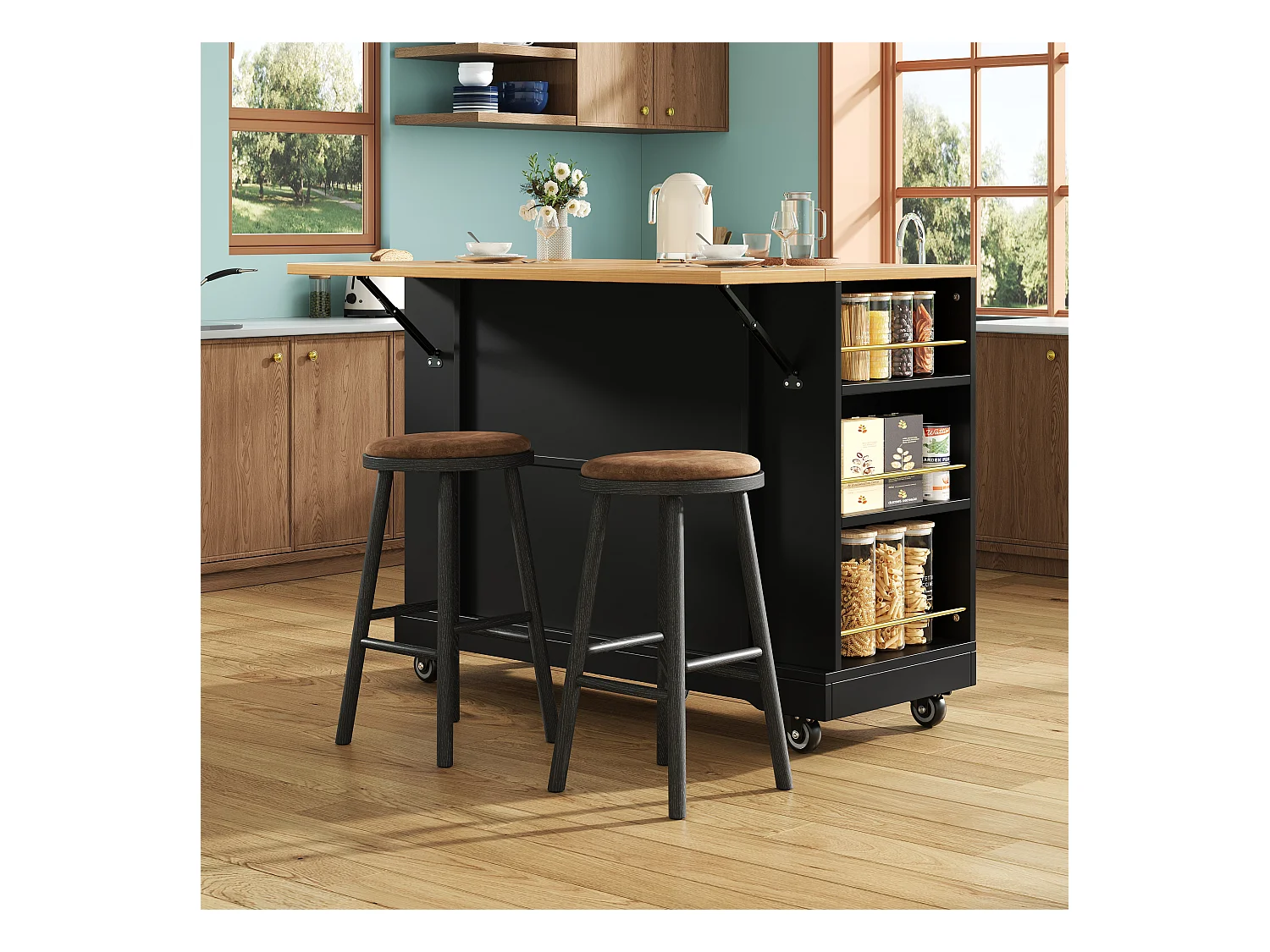 Desserte de cuisine 120x(40-65)x90 cm 2 portes et 2 tiroirs Îlot de cuisine avec plateau extensible - noir