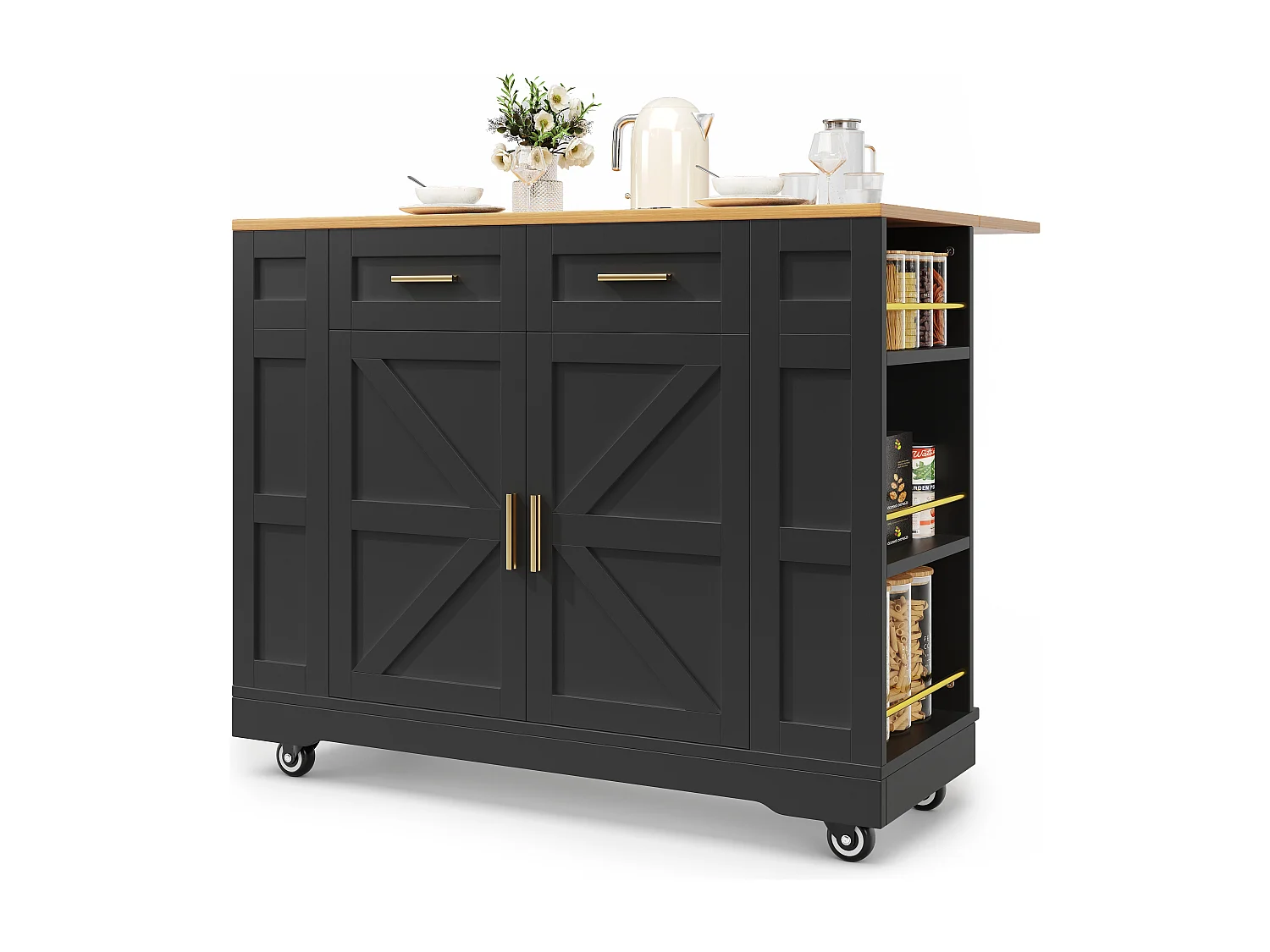 Desserte de cuisine 120x(40-65)x90 cm 2 portes et 2 tiroirs Îlot de cuisine avec plateau extensible - noir