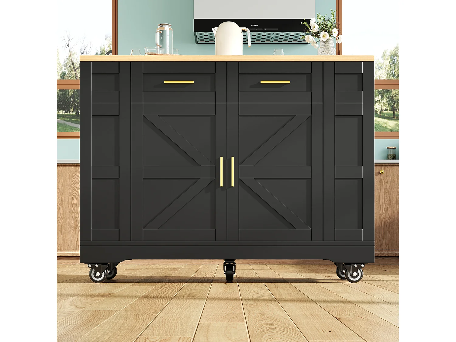 Desserte de cuisine 120x(40-65)x90 cm 2 portes et 2 tiroirs Îlot de cuisine avec plateau extensible - noir