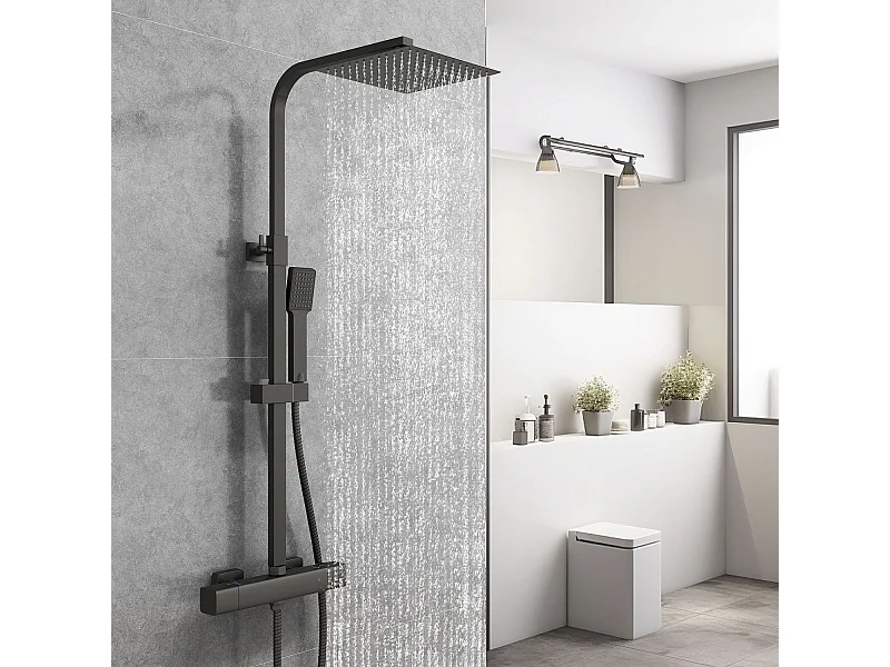 Columna de Ducha Termostática AICA - Negro Mate, Alcachofa Cuadrada+Raciador Superior Grande 20cmx20cm