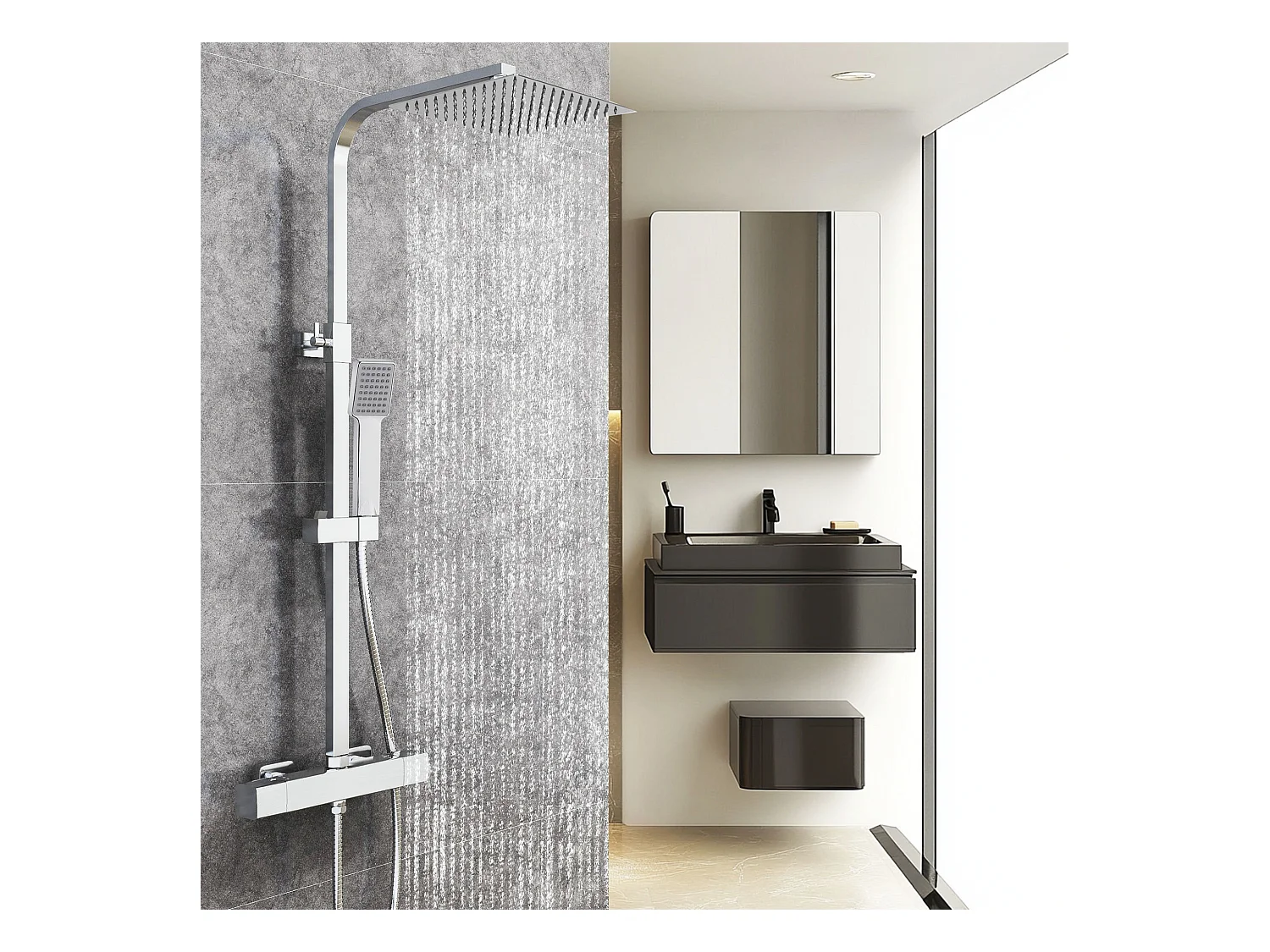 AICA Coluna de duche termostática cromada | Alcachofra Praça Grande | Barra ajustável 73-115 cm | Sistema de duche superior