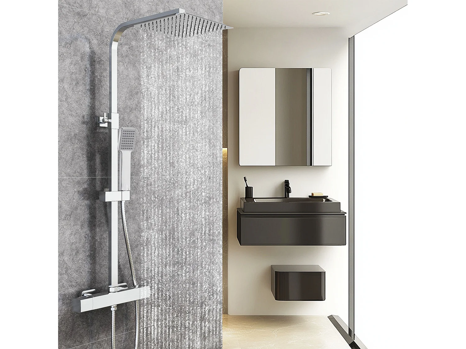 Columna de Ducha Termostática AICA Cromado | Alcachofa Cuadrada Grande | Barra Regulable 73-115 cm | Sistema de Ducha Superior