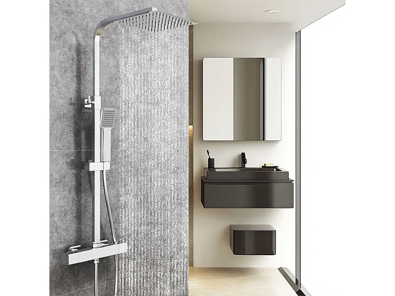 AICA Coluna de duche termostática cromada | Alcachofra Praça Grande | Barra ajustável 73-115 cm | Sistema de duche superior