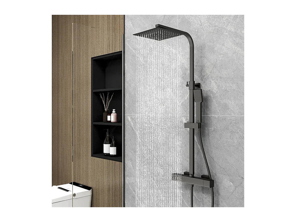 AICA Coluna de duche termostática preto mate | Alcachofra Praça Grande | Barra ajustável 73-115cm| Sistema de duche superior