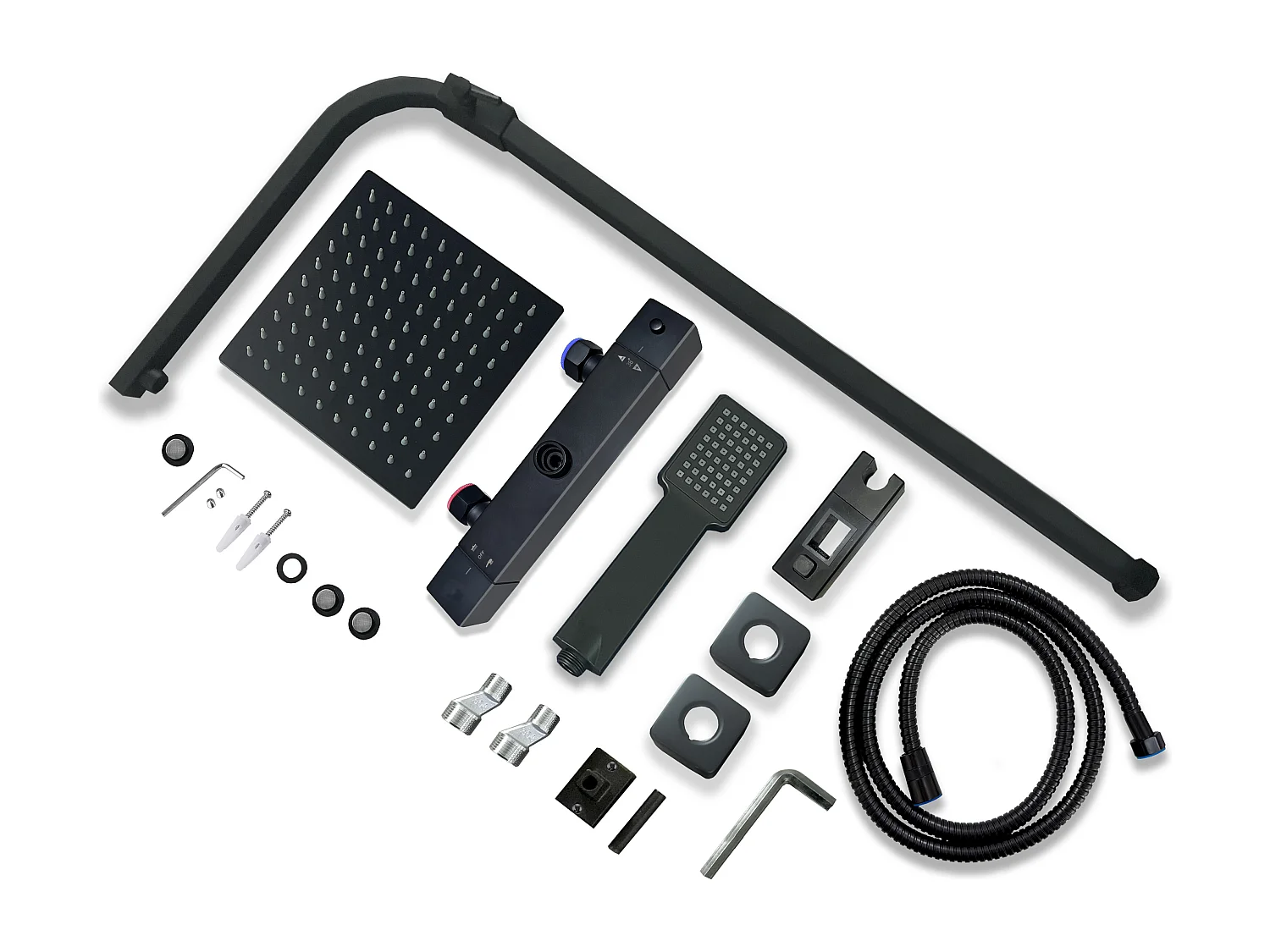 AICA Coluna de duche termostática preto mate | Alcachofra Praça Grande | Barra ajustável 73-115cm| Sistema de duche superior