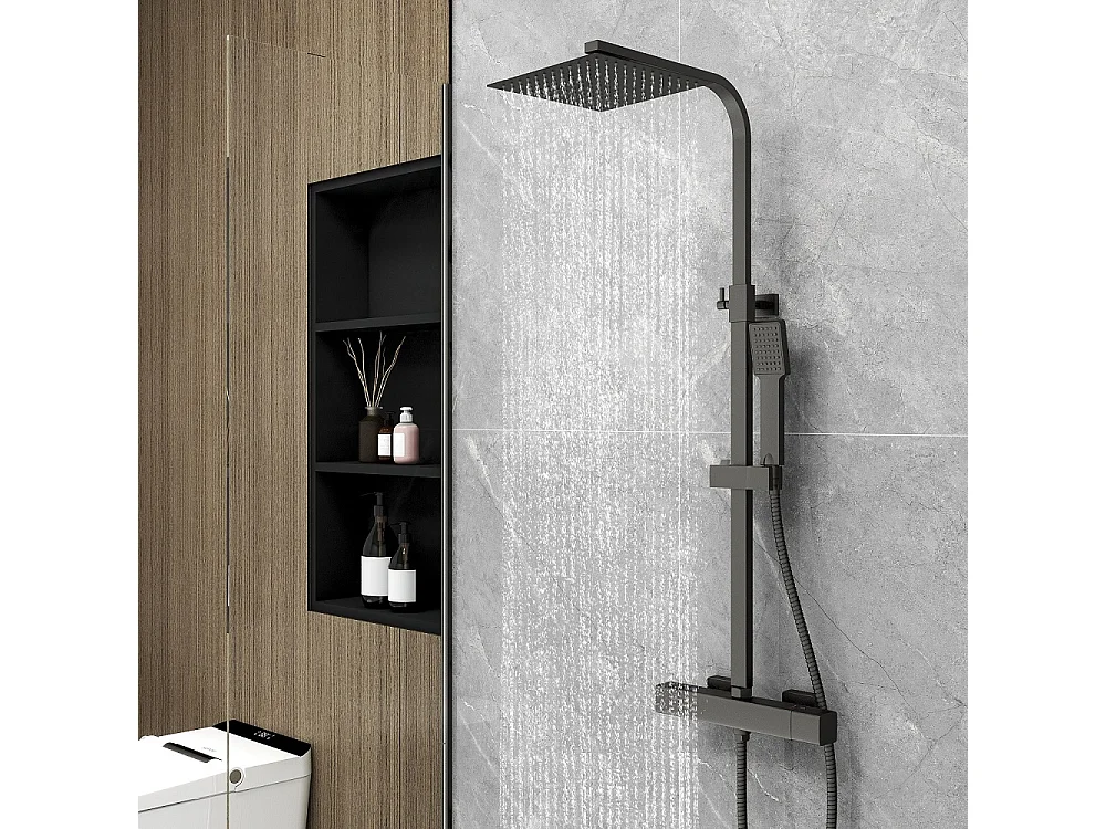 Columna de Ducha Termostática AICA Negro Mate | Alcachofa Cuadrada Grande | Barra Regulable 73-115cm| Sistema de Ducha Superior