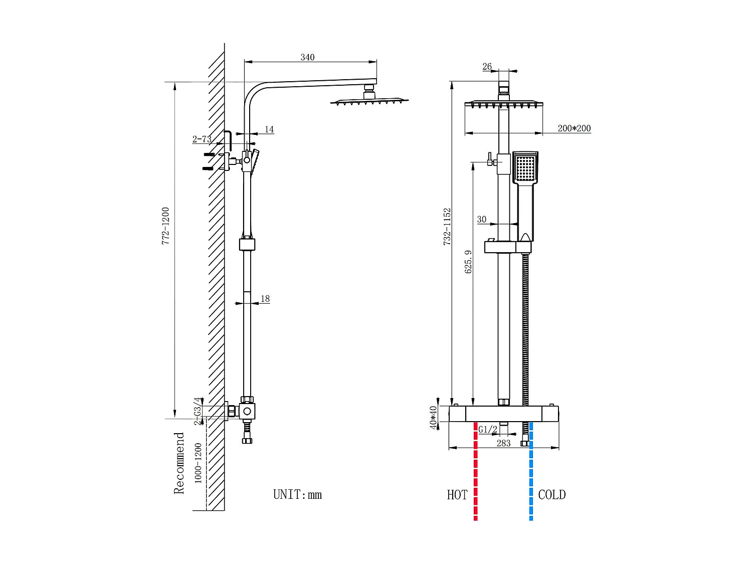 Columna de Ducha Termostática AICA Negro Mate | Alcachofa Cuadrada Grande | Barra Regulable 73-115cm| Sistema de Ducha Superior