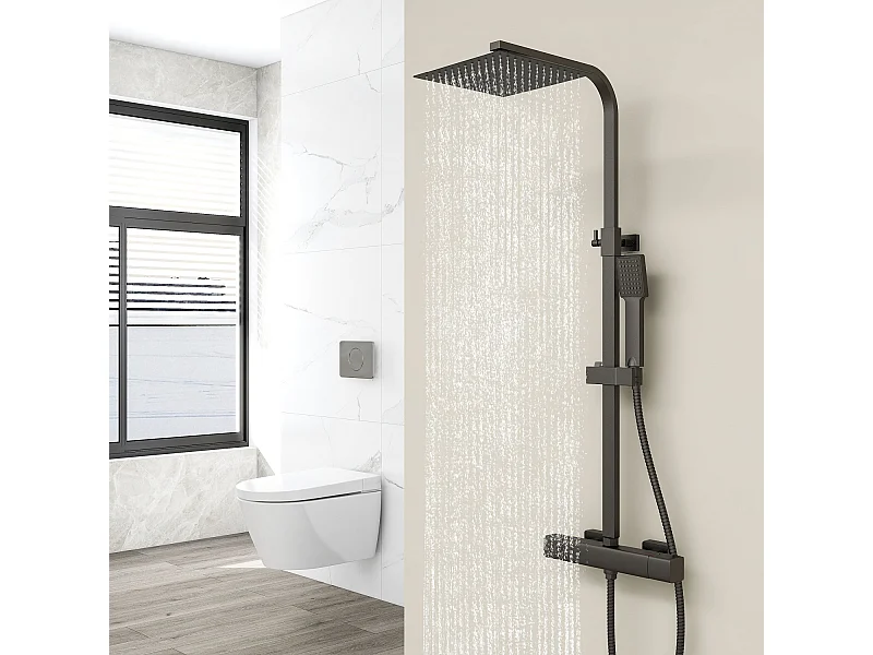 AICA Columna de Ducha con Termostato - Alcachofa Cuadrada, Raciador Superior y Barra Ajustable Negro Mate