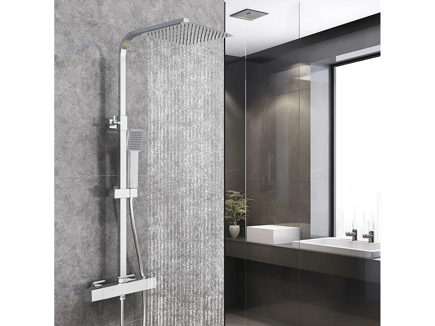 Columna de Ducha Termostática AICA Cromado, Alcachofa Cuadrada y Ducha Superior Grande