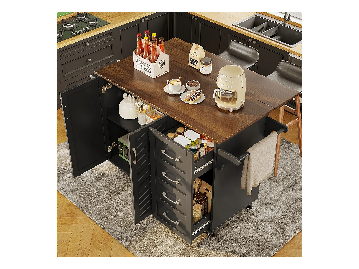 Desserte de cuisine 128x(46-71)x93 cm 2 portes et 2 tiroirs Îlot de cuisine avec plateau extensible - noir