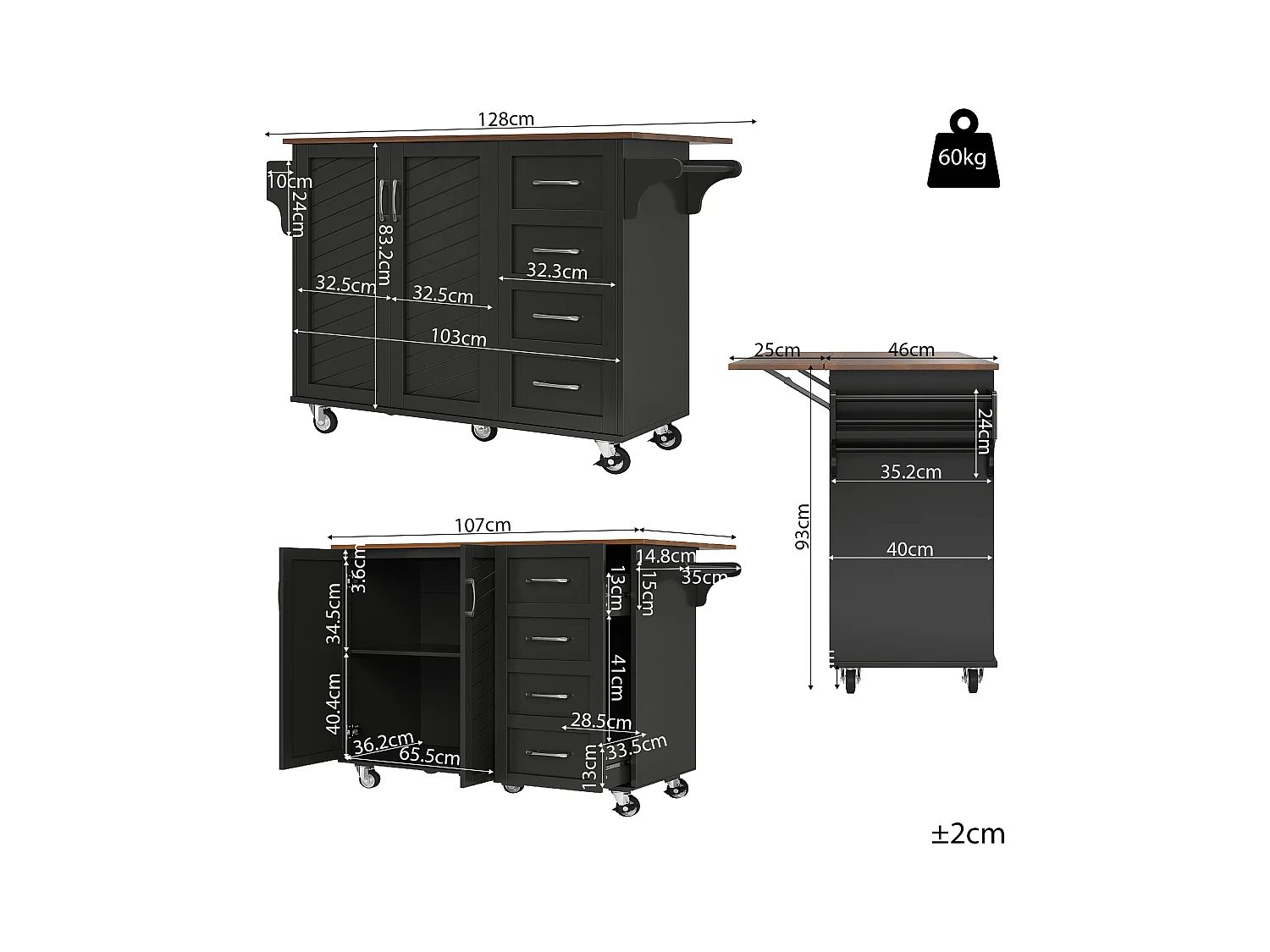 Desserte de cuisine 128x(46-71)x93 cm 2 portes et 2 tiroirs Îlot de cuisine avec plateau extensible - noir