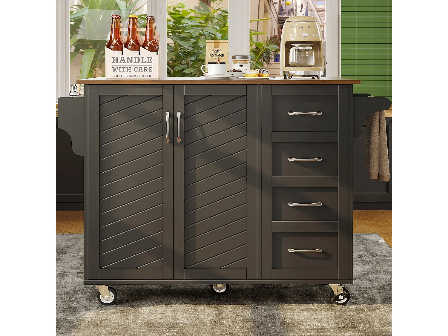 Desserte de cuisine 128x(46-71)x93 cm 2 portes et 2 tiroirs Îlot de cuisine avec plateau extensible - noir