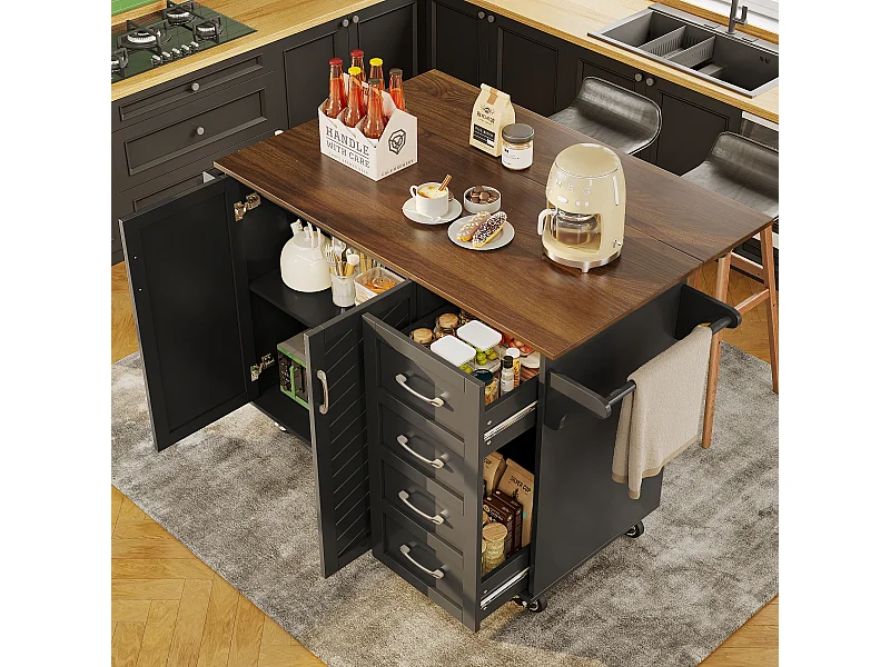 Carrello da cucina mobile 2 ante e 2 cassetti Isola cucina con piano estensibile 128x(46-71)x93 cm - nero
