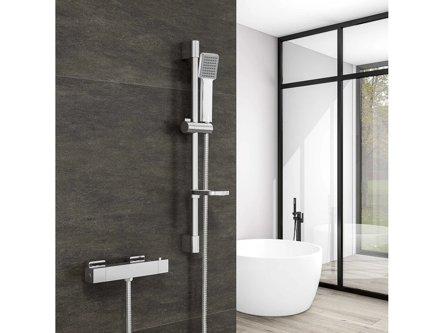 Conjunto de Ducha Barra Redondo Cromado AICA con Alcachofa de Ducha Cuadrado y Estante de Jabón