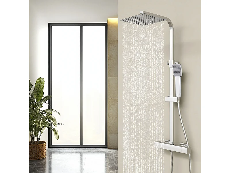 Columna de Ducha Termostática AICA Cromado, Alcachofa Cuadrada y Ducha Superior Grande 20 cm con Barra Redonda Regulable