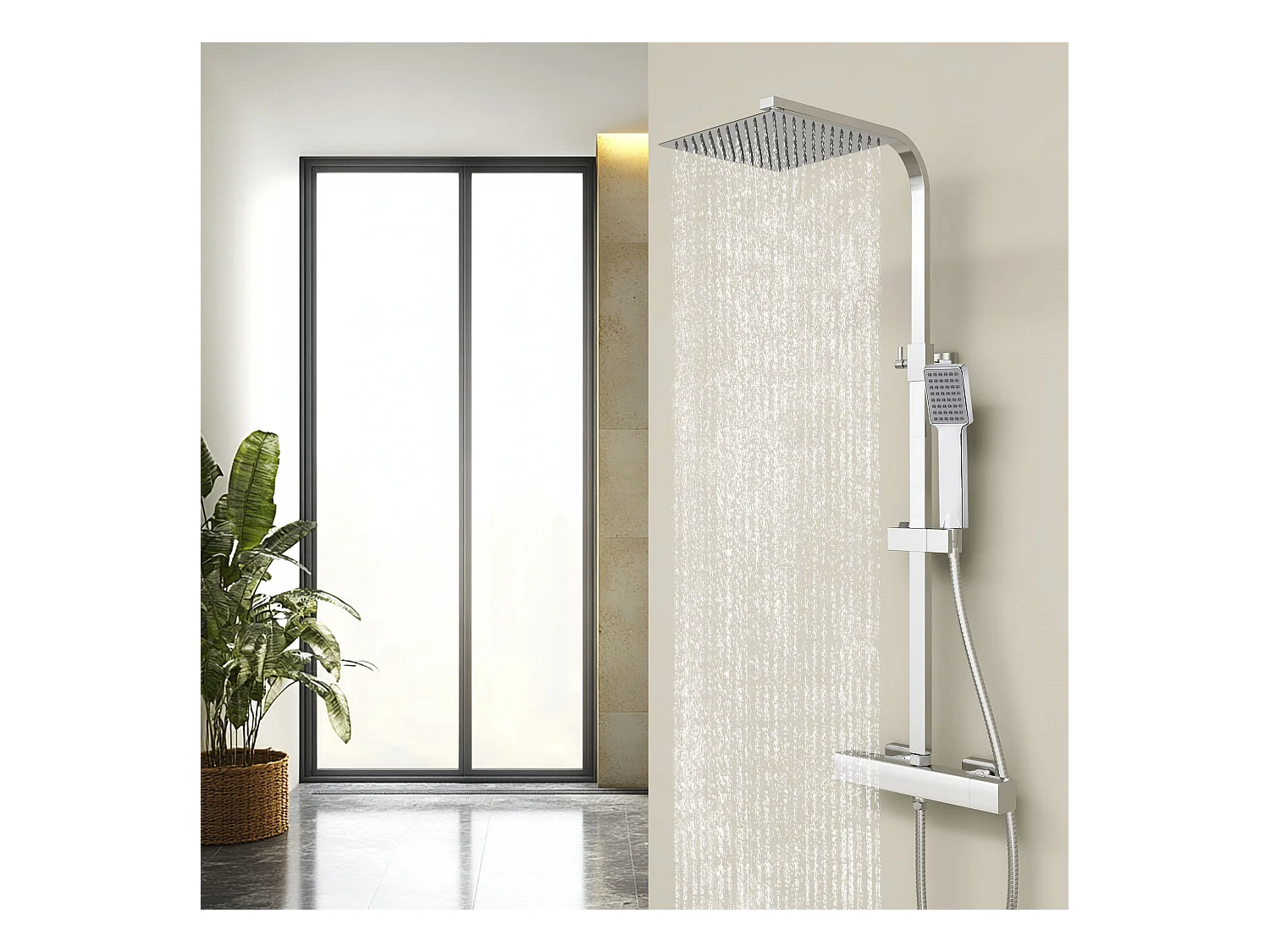 AICA Coluna de chuveiro termostática cromada, chuveiro quadrado e chuveiro superior grande 20 cm com barra redonda ajustável