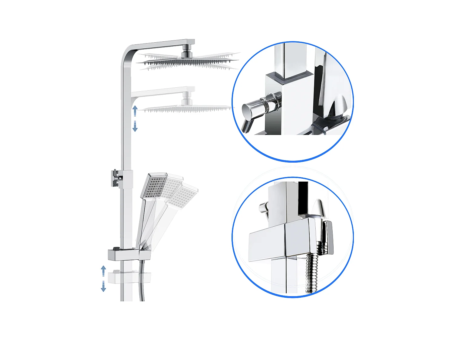 AICA Coluna de chuveiro termostática cromada, chuveiro quadrado e chuveiro superior grande 20 cm com barra redonda ajustável