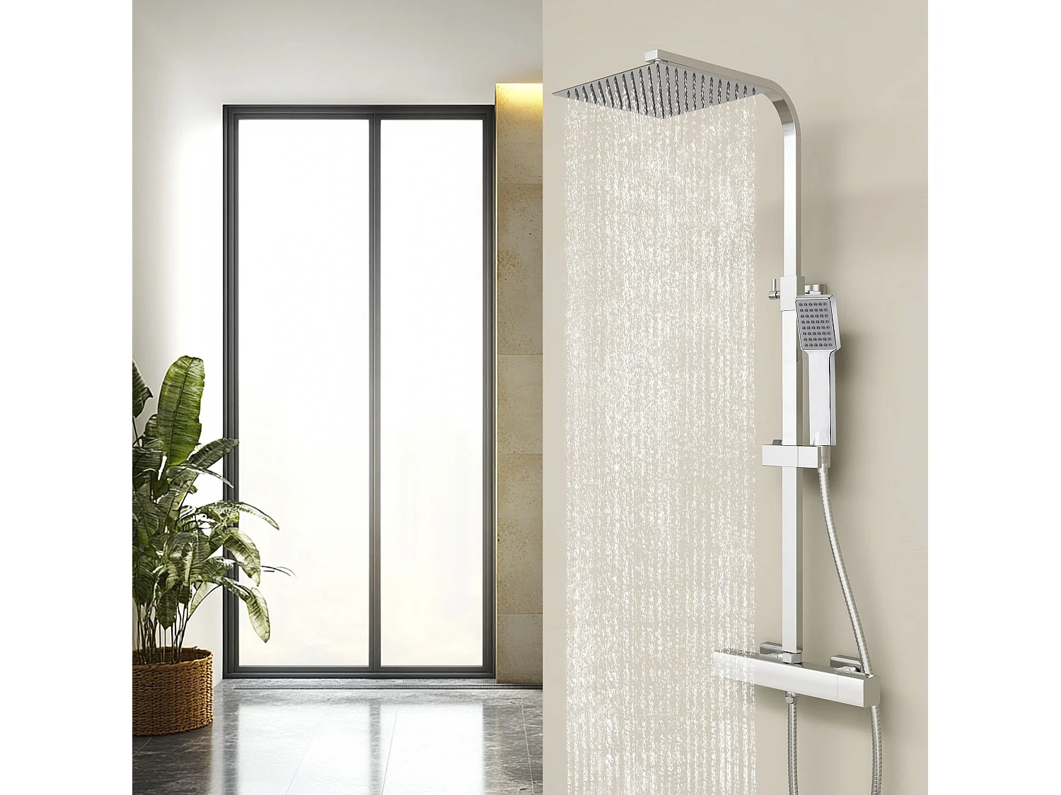 Columna de Ducha Termostática AICA Cromado, Alcachofa Cuadrada y Ducha Superior Grande 20 cm con Barra Redonda Regulable