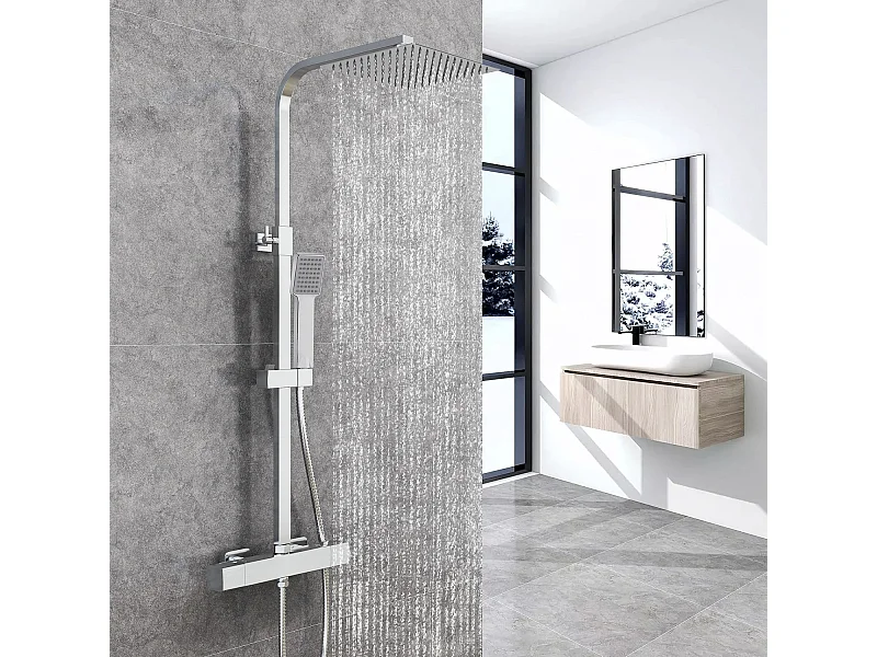 Columna de Ducha Termostática AICA Cromado con Alcachofa Cuadrada, Rociador Superior y Barra Ajustable