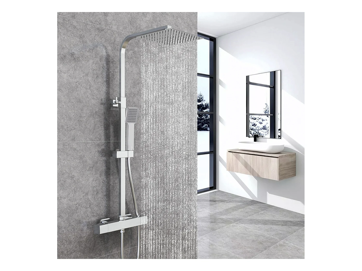 AICA Coluna de chuveiro termostática cromada com cabeça quadrada, aspersor superior e barra ajustável