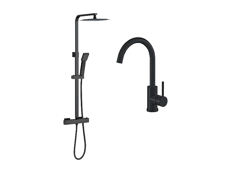 AICA columna de duchas negro mate y grifos de cocina en negro