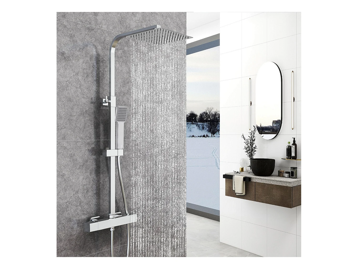 AICA Coluna de chuveiro termostática cromada, chuveiro quadrado + chuveiro superior grande 20 cm x 20 cm