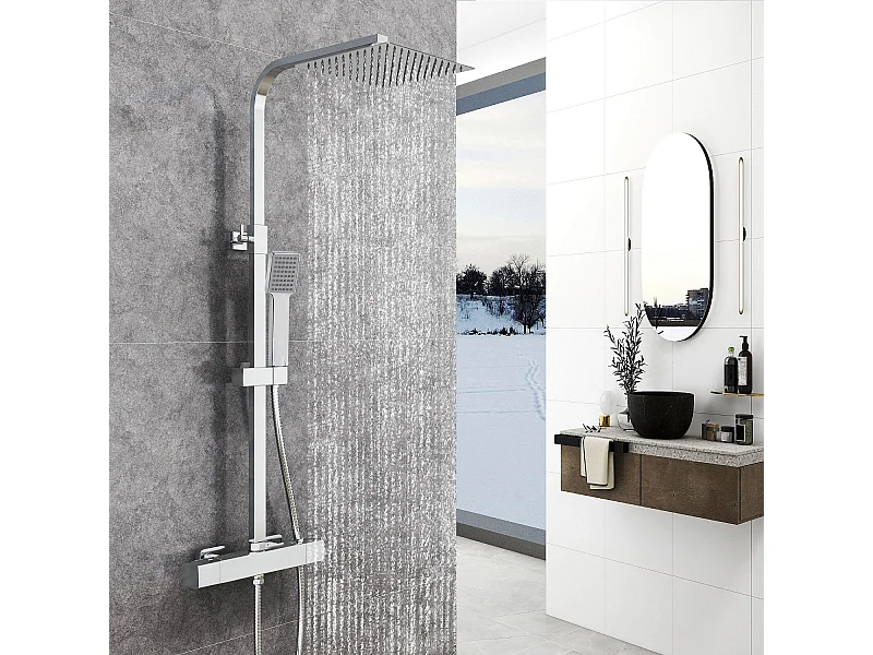 AICA Coluna de chuveiro termostática cromada, chuveiro quadrado + chuveiro superior grande 20 cm x 20 cm