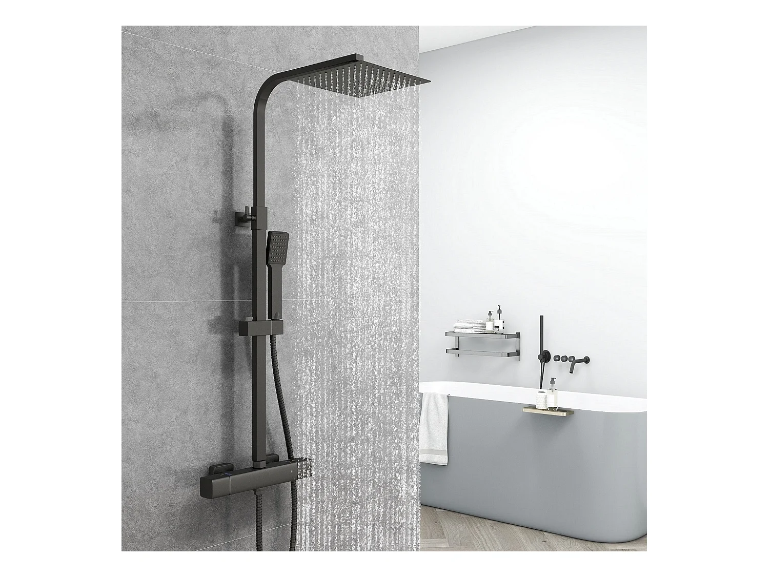 AICA coluna de chuveiro termostática preto fosco, chuveiro quadrado e chuveiro superior grande de 20cm com barra redonda ajustável