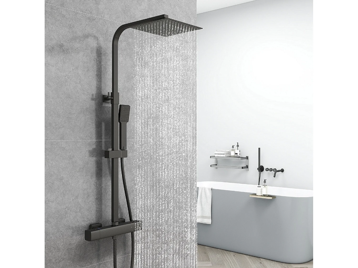 AICA coluna de chuveiro termostática preto fosco, chuveiro quadrado e chuveiro superior grande de 20cm com barra redonda ajustável