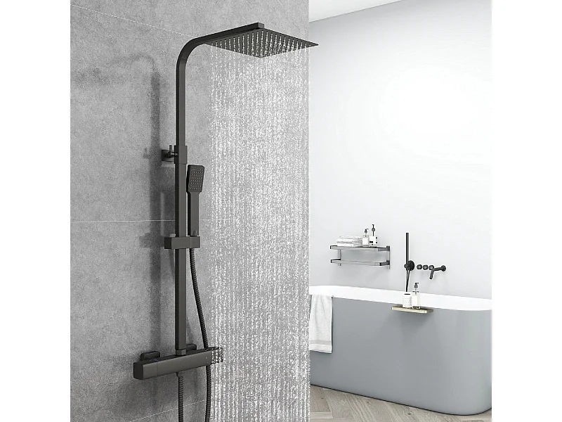 AICA coluna de chuveiro termostática preto fosco, chuveiro quadrado e chuveiro superior grande de 20cm com barra redonda ajustável