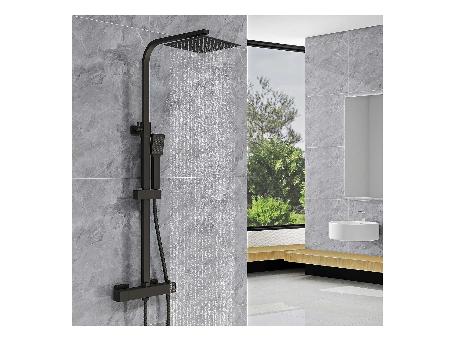 AICA coluna de chuveiro termostática preto fosco, chuveiro quadrado e chuveiro superior grande de 20cm com barra redonda ajustável