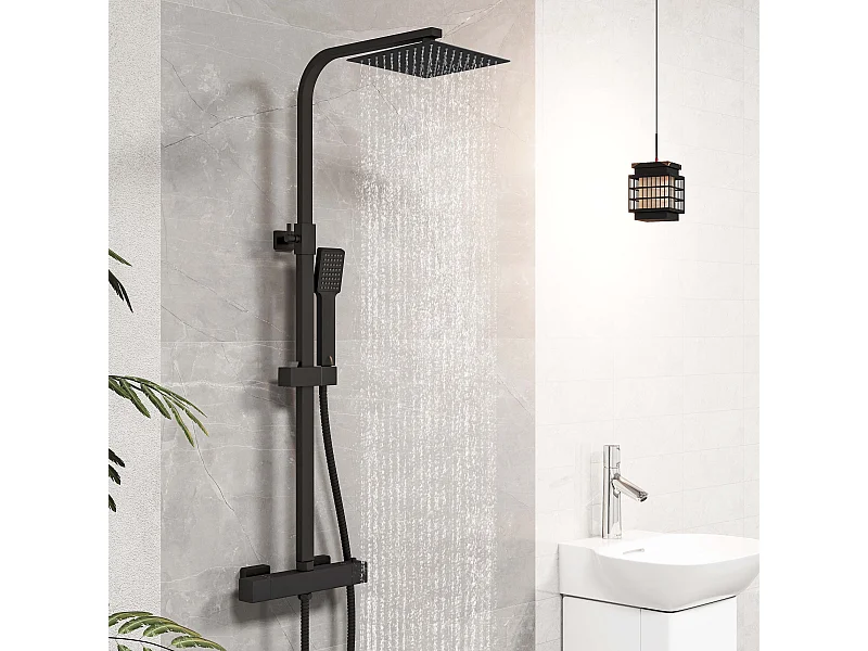 Columna de Ducha Termostática AICA negro mate alcachofa cuadrada y ducha superior grande