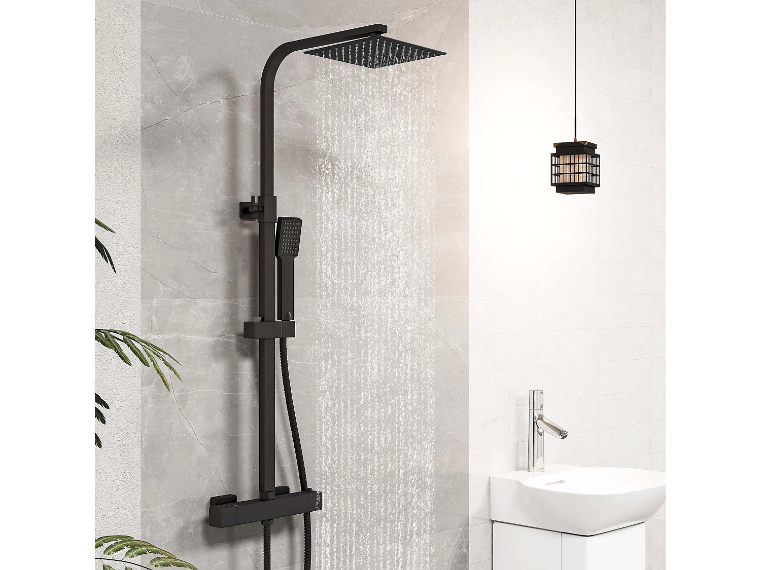 Columna de Ducha Termostática AICA negro mate alcachofa cuadrada y ducha superior grande