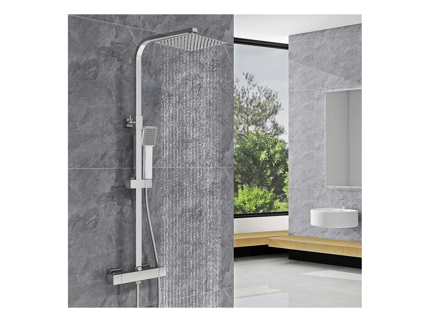 AICA 2 columnas de ducha termostáticos en cromo brillante con rociador cuadrado y ducha de mano con columna ajustable