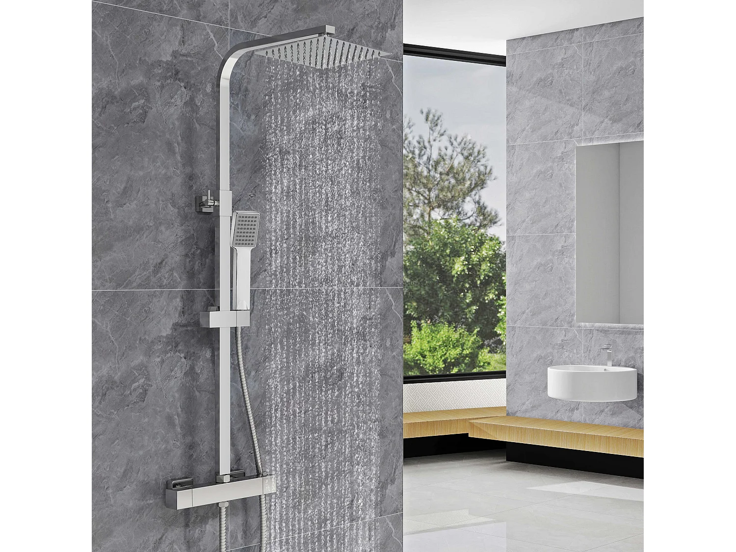 AICA 2 columnas de ducha termostáticos en cromo brillante con rociador cuadrado y ducha de mano con columna ajustable