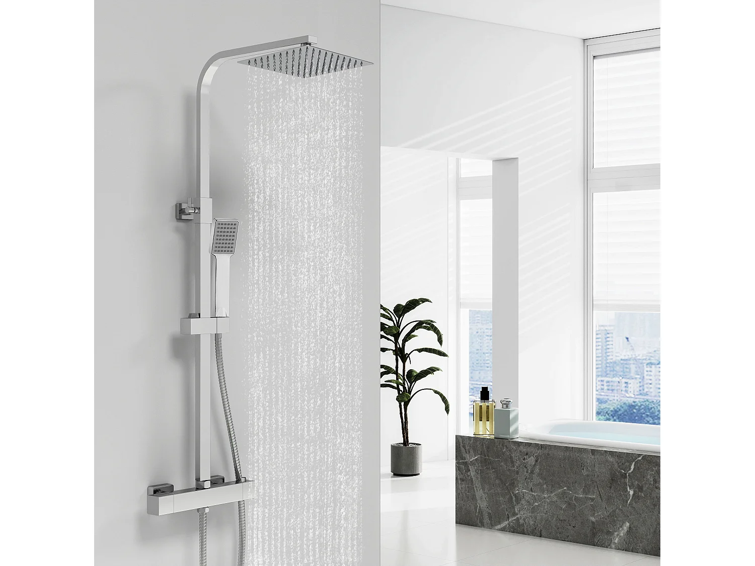 AICA 2 sets de ducha termostáticos en cromo brillante con rociador cuadrado y ducha de mano con columna ajustable