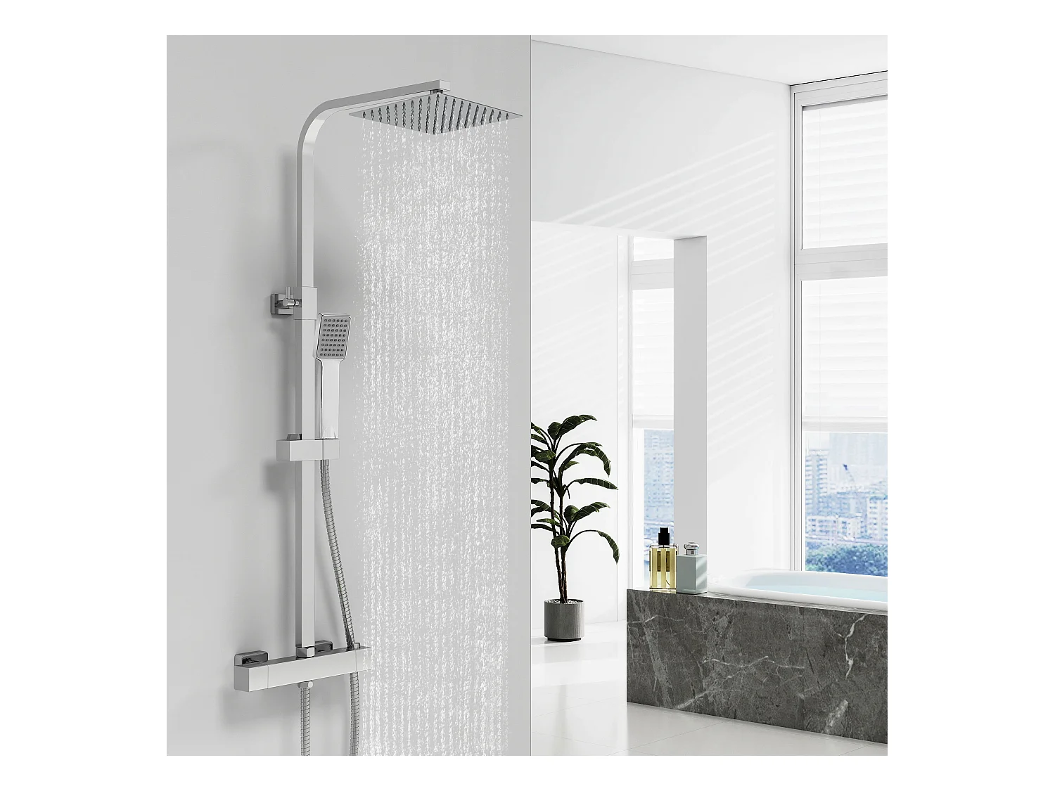 AICA Coluna de duche termostática cromada | Alcachofra Praça Grande | Barra ajustável 73-115 cm | Sistema de duche superior