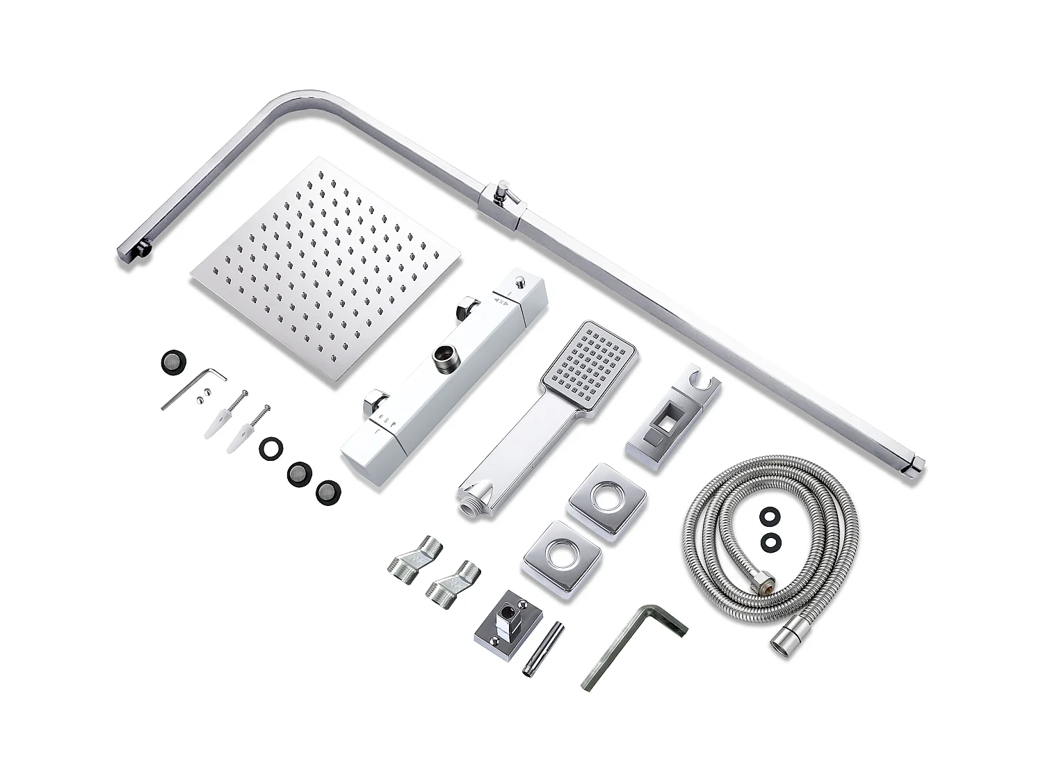 AICA Coluna de duche termostática cromada | Alcachofra Praça Grande | Barra ajustável 73-115 cm | Sistema de duche superior