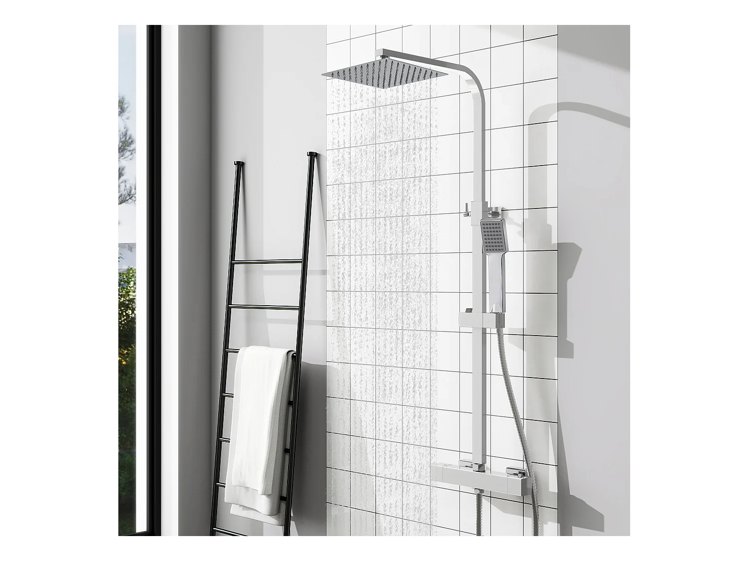 AICA Coluna de duche termostática cromada | Alcachofra Praça Grande | Barra ajustável 73-115 cm | Sistema de duche superior
