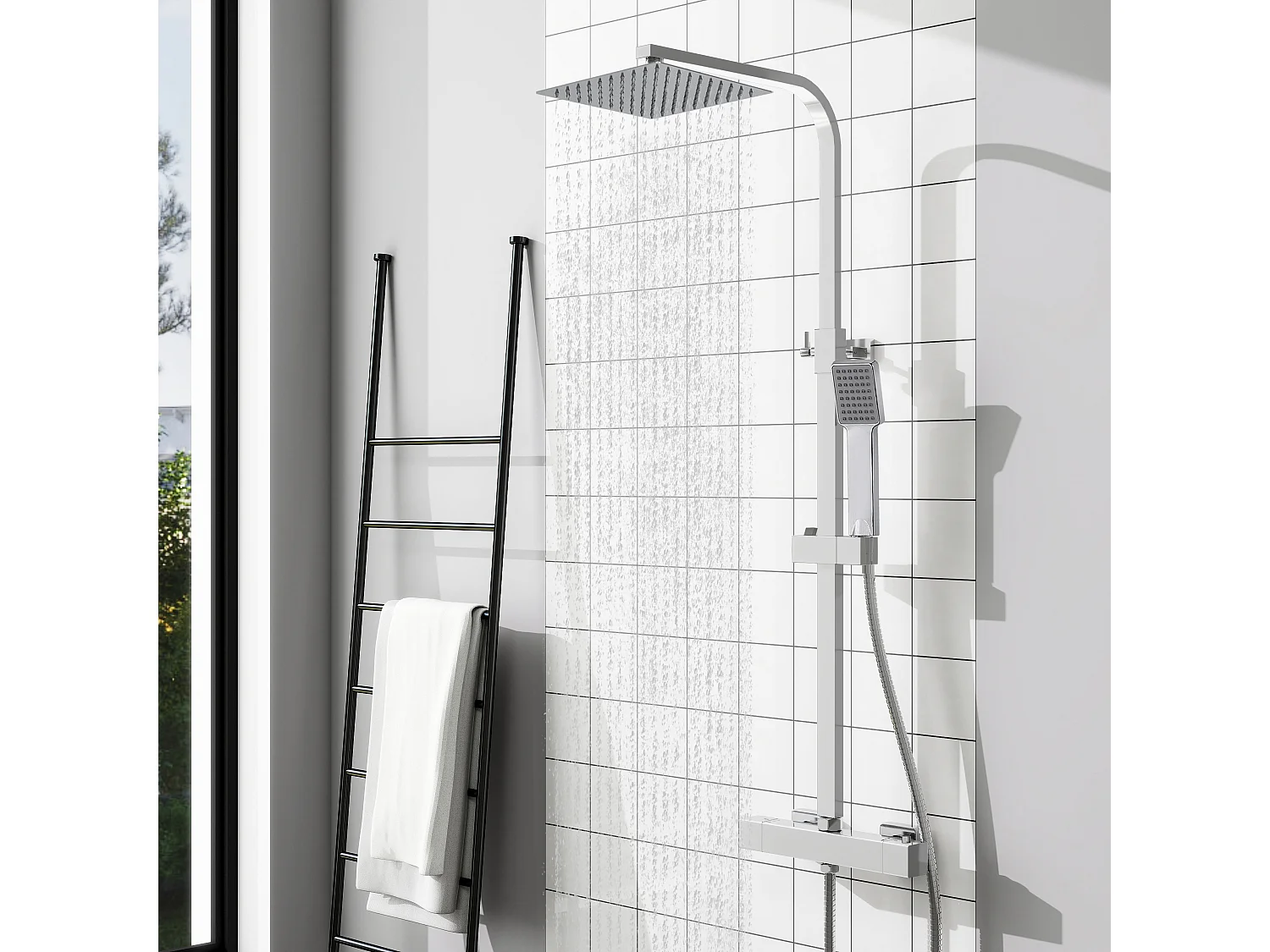 Columna de Ducha Termostática AICA Cromado | Alcachofa Cuadrada Grande | Barra Regulable 73-115 cm | Sistema de Ducha Superior