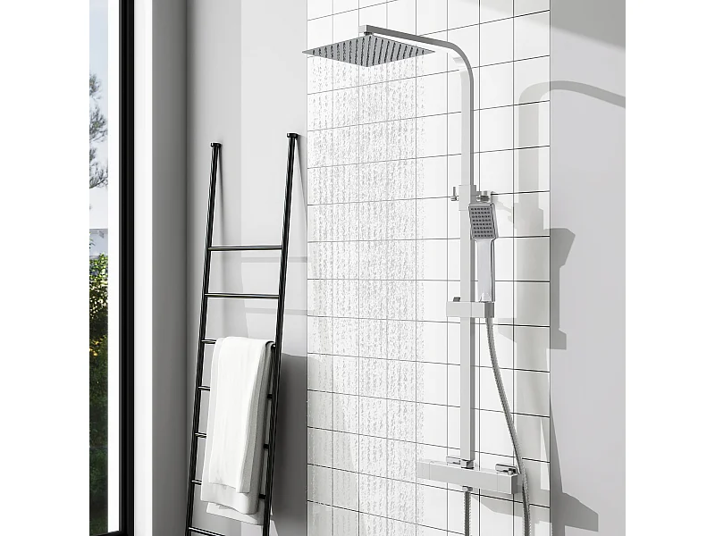 Columna de Ducha Termostática AICA Cromado | Alcachofa Cuadrada Grande | Barra Regulable 73-115 cm | Sistema de Ducha Superior