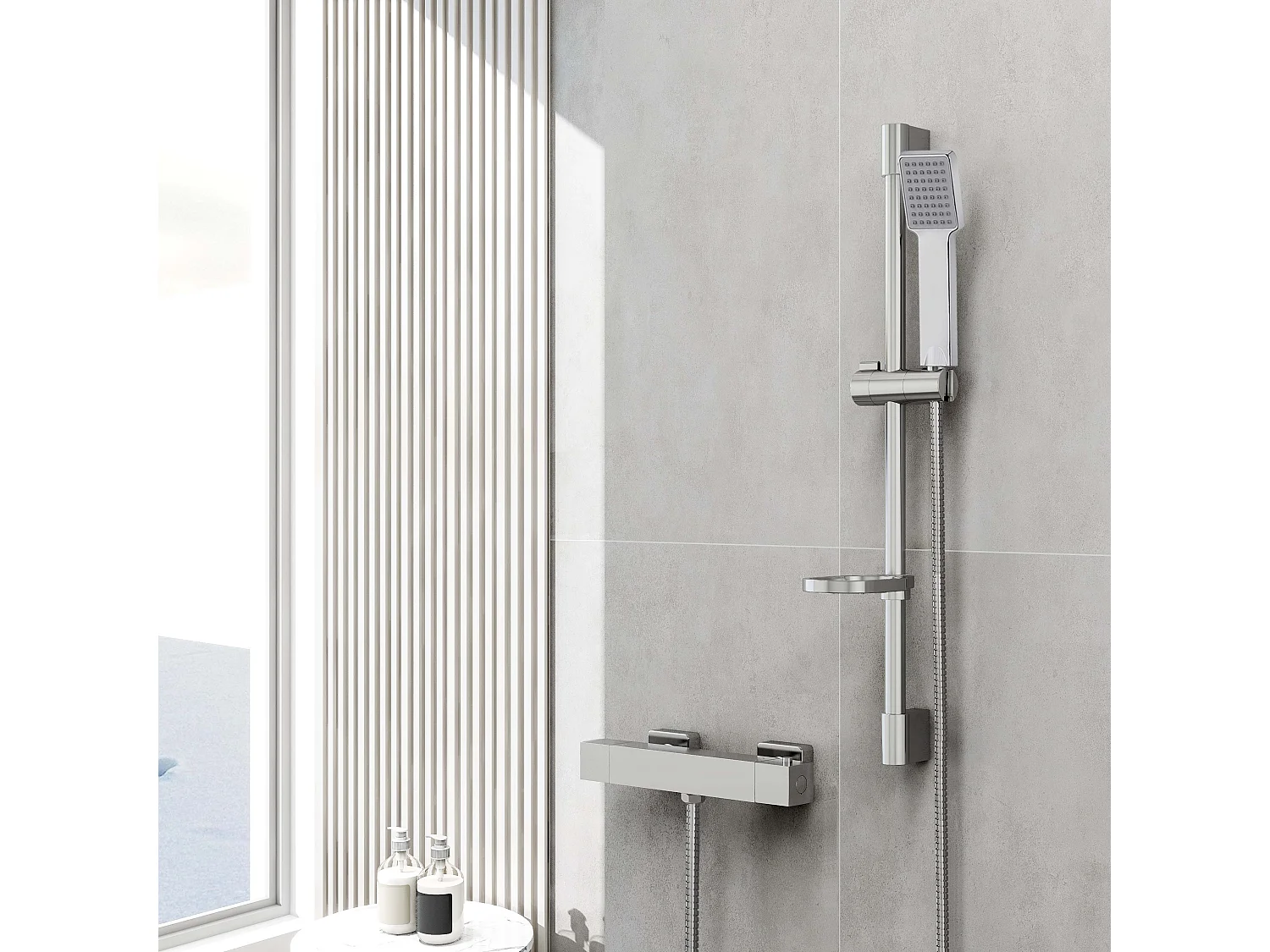 Columna de Ducha Barra Redondo Cromado AICA con Ducha de Mano Cuadrado y Estante de Jabón