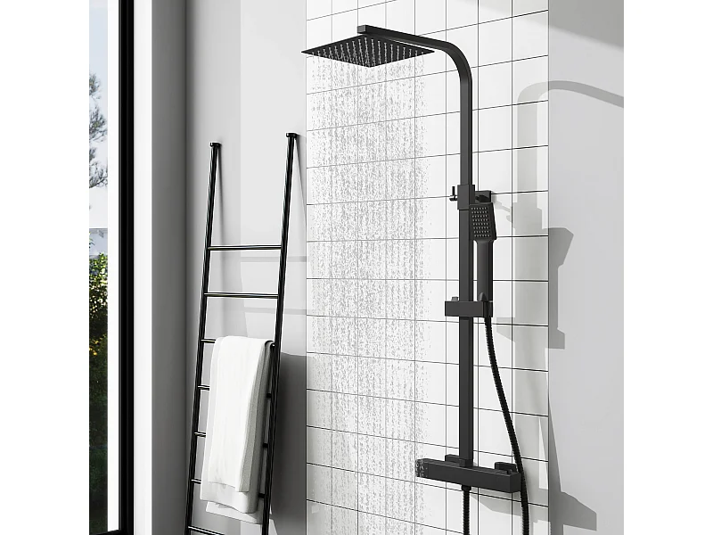 Columna de Ducha Termostática AICA Negro Mate | Alcachofa Cuadrada Grande | Barra Regulable 73-115cm| Sistema de Ducha Superior