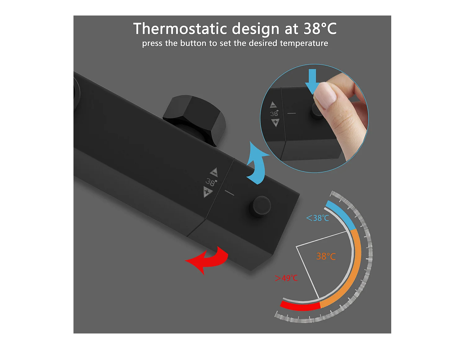 AICA Coluna de duche termostática preto mate | Alcachofra Praça Grande | Barra ajustável 73-115cm| Sistema de duche superior