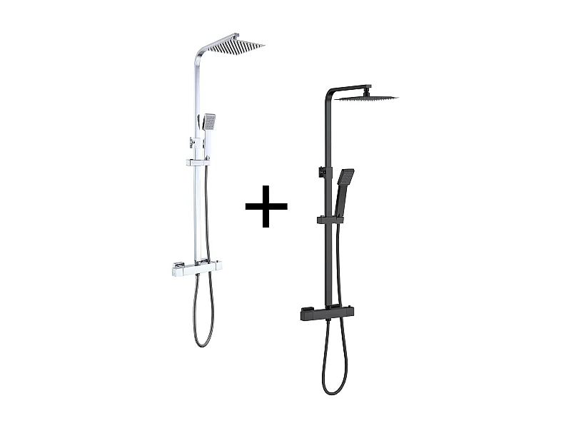 AICA 2 columnas de duchas termostáticas con duchas cuadradas y duchas de mano con columnas orientables (negro mate y cromo brillante)