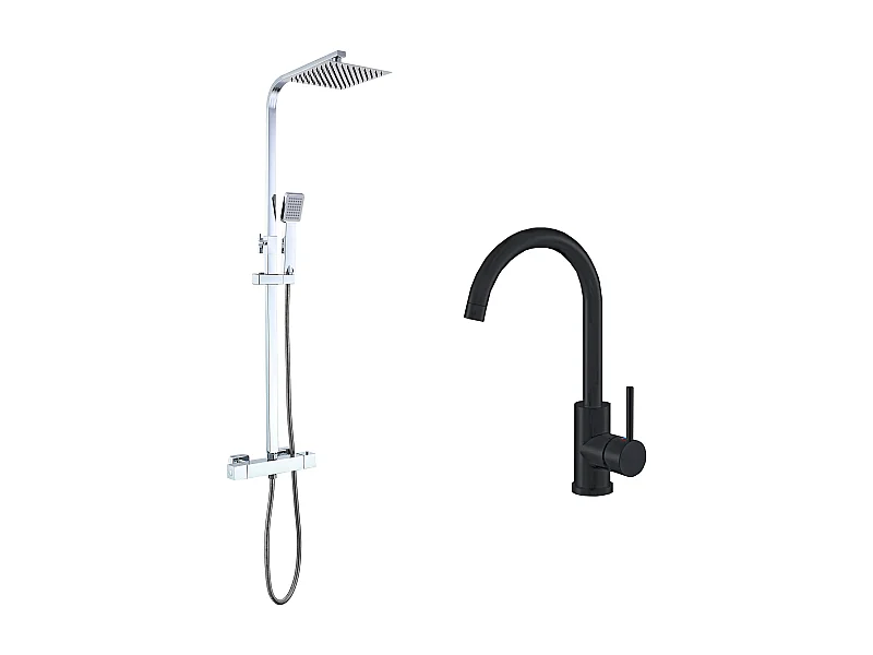 AICA columna de duchas en cromado y grifos de cocina en negro mate