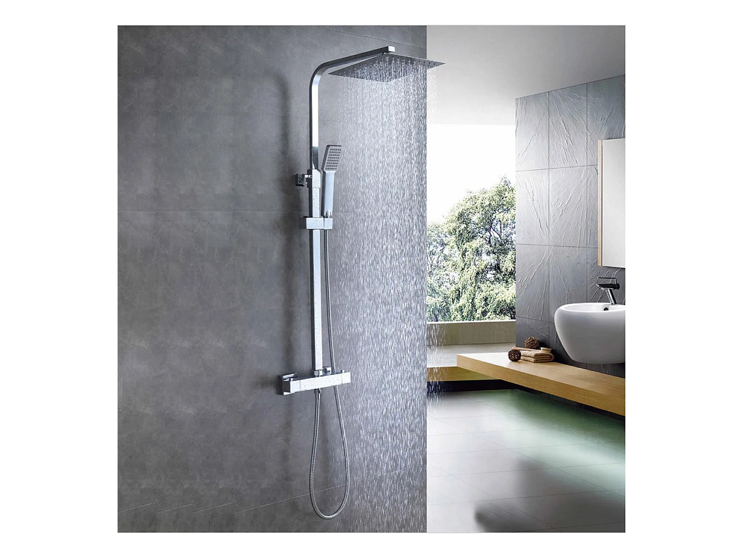 AICA Columna de chuveiros cromados e torneiras de cozinha pretas foscas