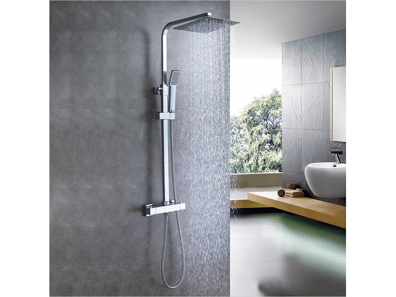 AICA columna de duchas en cromado y grifos de cocina en negro mate